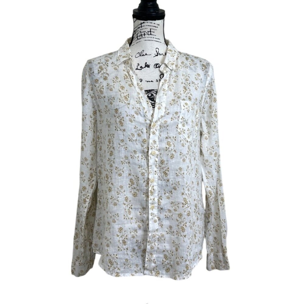 CP Shades Women's Size S Button Up Top Linen Floral Long Sleeve White Yellow
